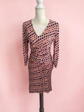 DIANE VON FURSTENBURG DVF Patterned Stretch Ruched Dress Size Small